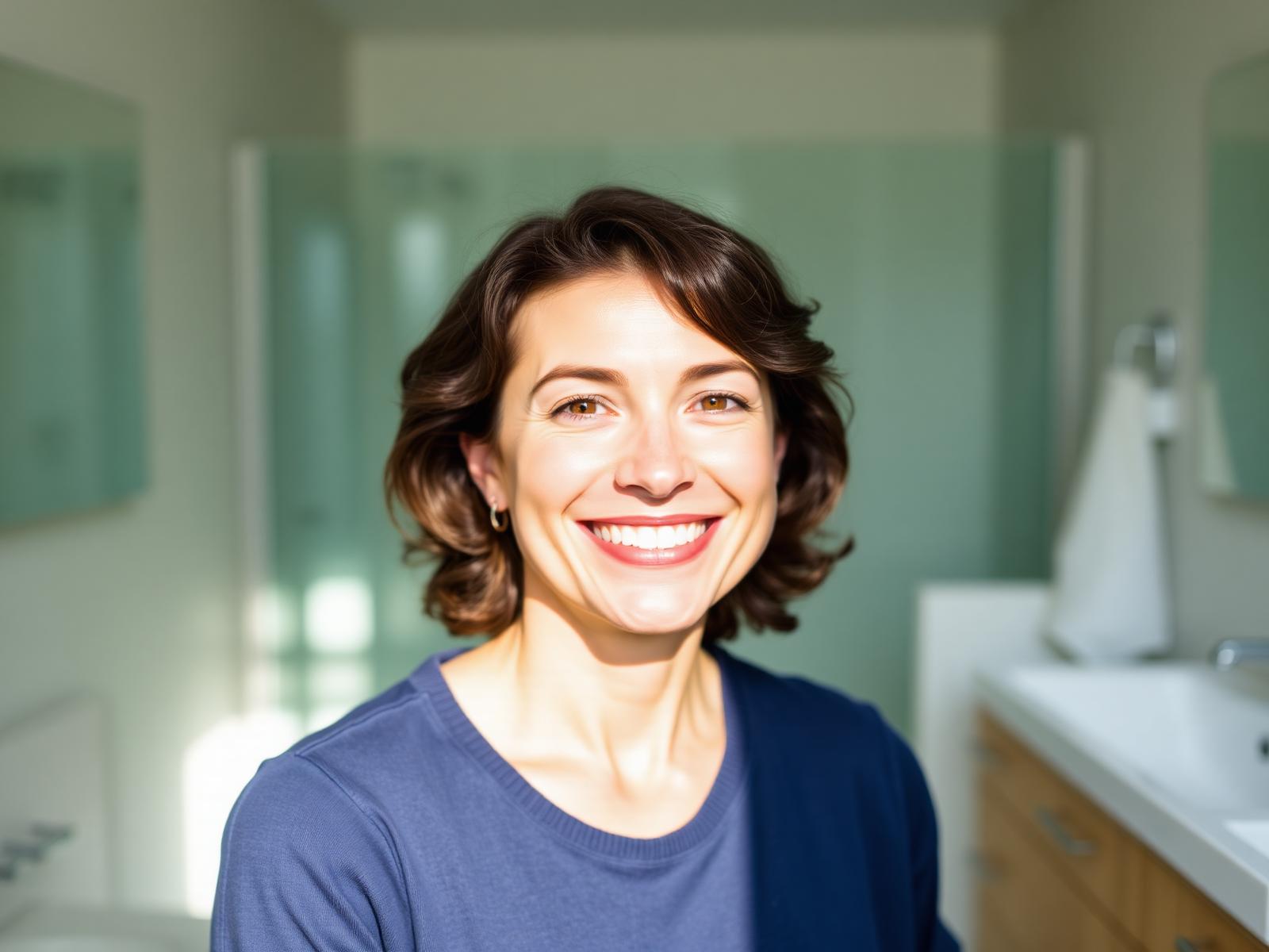 A person smiling confidently in a bright, clean bathroom